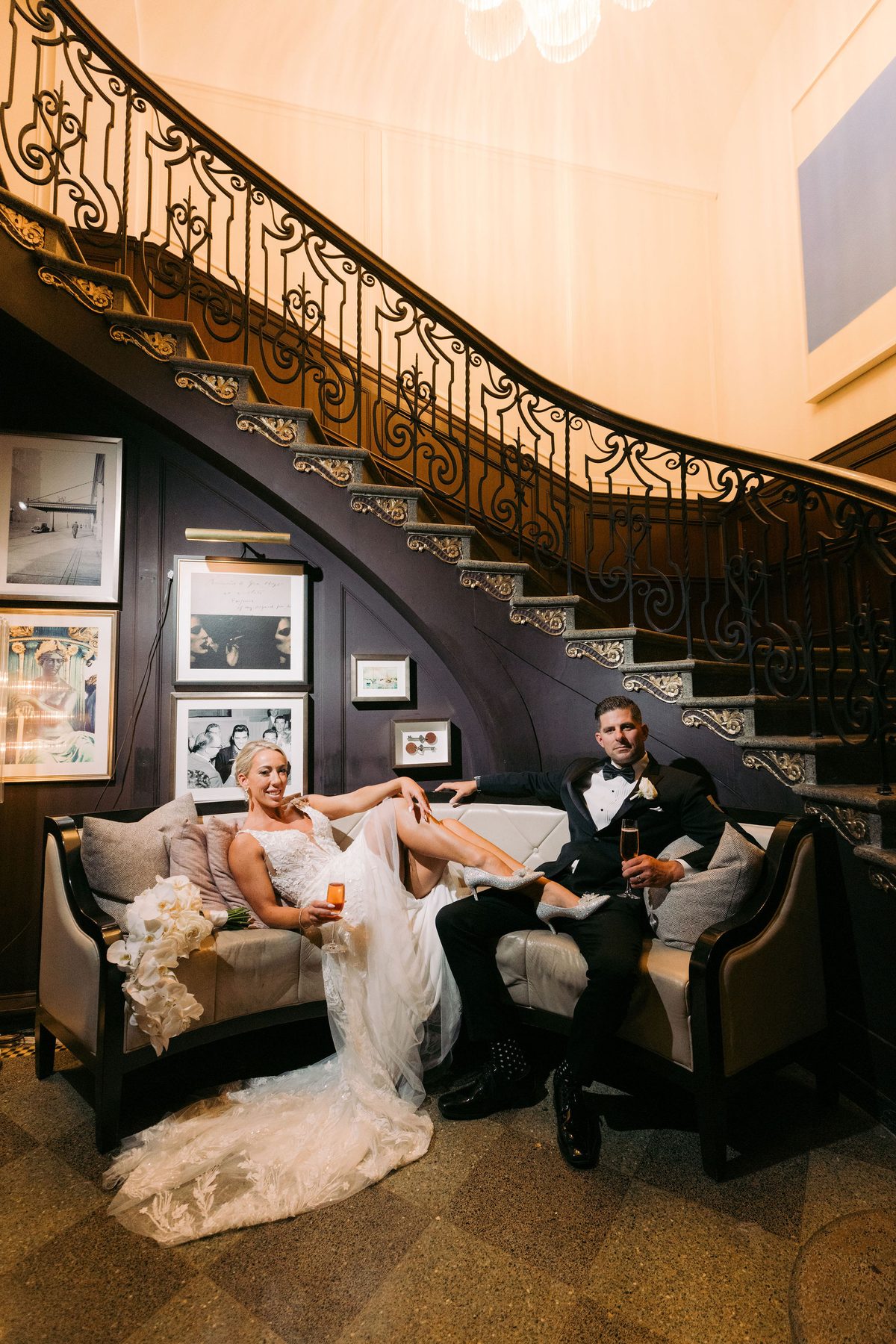 Bride and groom relaxing in the Fairmont's wood-panelled lounge before the ceremony