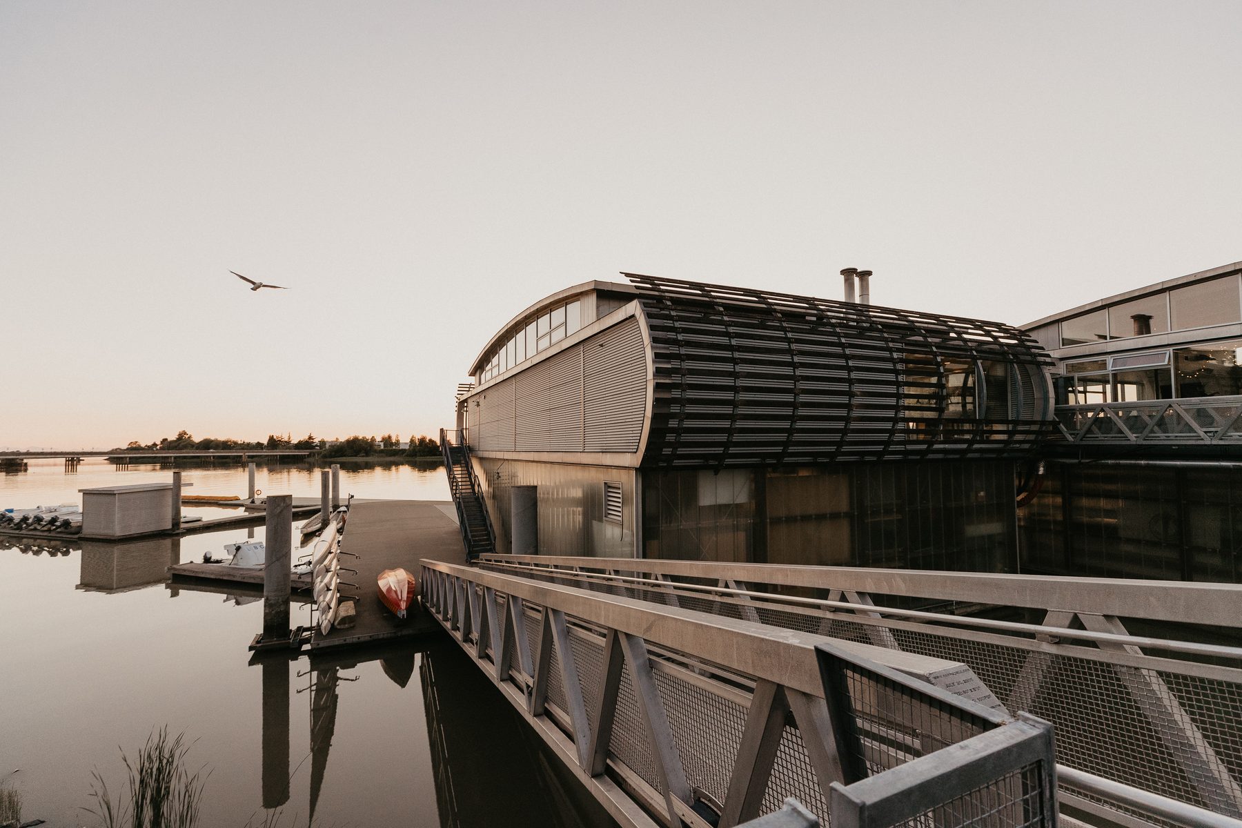 The curved metal roof of a riverside boathouse above floating docks lined with rowing shells at dusk
